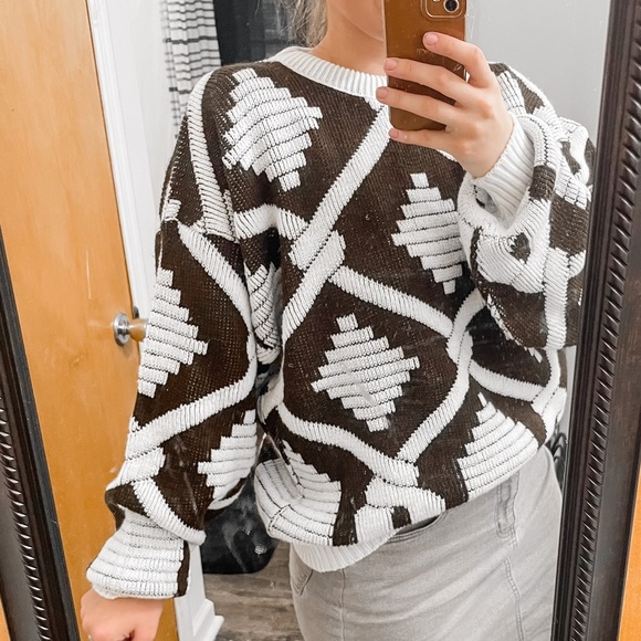 Vintage Sweaters - Vintage Brown And White Aztec Knit Oversized Crewneck Sweater | Large